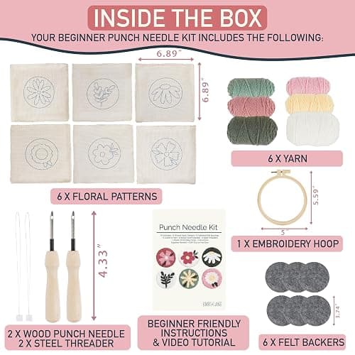 Emri Lane Punch Needle Kit – 6 Floral Design Punch Needle Embroidery Kit w/Monk Cloth, Embroidery Hoop, Yarn & More - Essential Punch Needle Supplies for Crafters - Ideal Punch Art for Beginners thumbnail 4