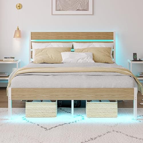 PUNICE Full Size Bed Frame with Charging Station, LED Light Metal Bed Frame with Wooden Headboard, No Box Spring Required, No Noise, Easy Assembly, White thumbnail 3