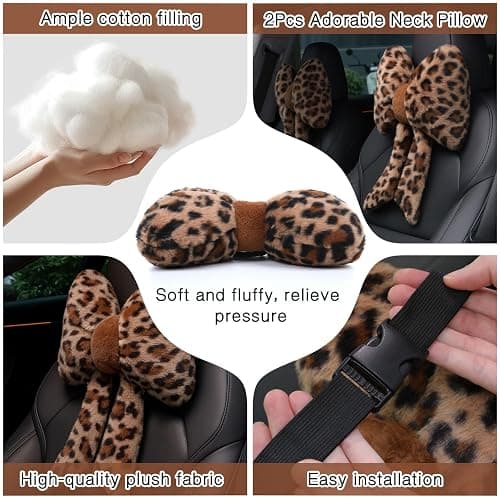 Macarrie 2 Pcs Car Neck Pillow Plush Butterfly Bow Car Headrest Pillow Comfortable Seat Neck Support Cute Head Rest Accessories for Driving Travel Driver Chair Girl Style Interior Decor (Leopard) thumbnail 4
