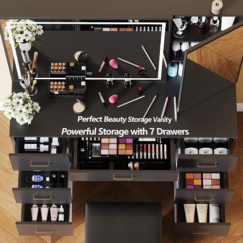 Jartoil Vanity Desk with Large Mirror and Lights, Black Makeup Vanity with 7 Drawers, Adjustable Brightness Vanity Table with Glass Door Cabinet, Modern Vanity Set with Stool for Bedroom thumbnail 5