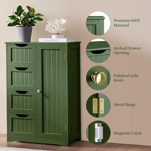 Yaheetech Wooden Bathroom Floor Cabinet, Side Storage Organizer Cabinet with 4 Drawers and 1 Cupboard, Freestanding Entryway Storage Unit Console Table, Bathroom Furniture Home Decor, Green thumbnail 4