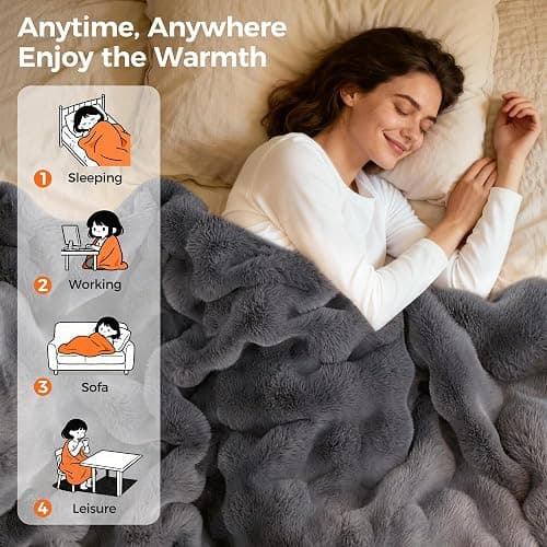 Heated Blanket Throw, Fast Heating Blanket Throw with 1/2/4/6/9/12 Hours Auto-Off 8 Heat Level, 50'' * 60'' Cozy Faux Rabbit Fur Bubble Blanket, Soft Fluffy Warm Blanket(Dark Grey) thumbnail 7