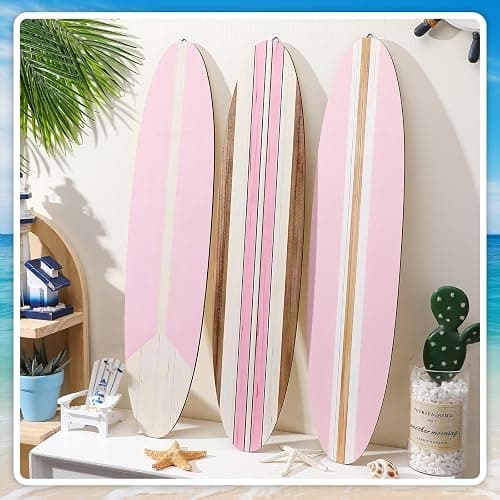 Gerrii 3 Pieces Surfboard Wall Decor 23.6" x 5.4" Preppy Beach Room Decor Aesthetic Large Wooden Cute Beachy Tropical Wall Art for Surfer Bedroom Living Room Bathroom Decorations(Pink) thumbnail 2