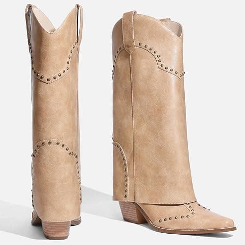 RONILURN Women Shark Boots Fold Over Mid Calf Chunky Heel Snip Toe Cowboy Cowgirl Pull On Studded Boots for Women thumbnail 9