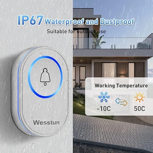 Wesstun Wireless Doorbell, Waterproof IP67 Operating at 150 Meters with 39 Tones, 5 Levels Volume Adjustment and LED Indicator, Easy Installation in Home, Classroom and Hotel, White thumbnail 3