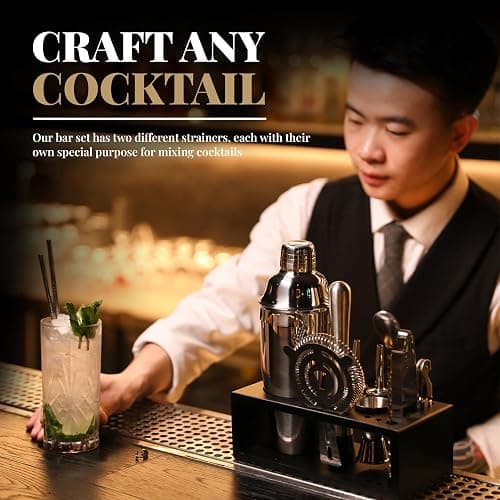 Mixology Bartender Kit with Stand | 15 Piece Bar Tool Set, Silver Bar Set Cocktail Shaker Set for Drink Mixing - Includes Martini Shaker, Jigger, Strainer, Bar Mixer Spoon, Tongs | Gift Idea (Silver) thumbnail 6