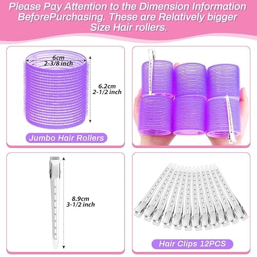 Jumbo Hair Curlers Set - 24 Pieces with 12 Large Rollers and 12 Clips for Adding Volume to Long, Thick Hair (Purple) thumbnail 3