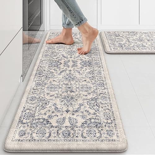 KIMODE Anti Fatigue Kitchen Mats for Floor, Boho Floral Kitchen Rugs 17"x47"+17"x29", Cushioned Mats for Kitchen Floor, Non Slip Kitchen Floor Mats, Sink, Laundry, Office, Desk Blue Multi - 17.3" x 47"+17.3" x 29"--0.47 inches - Multi-blue