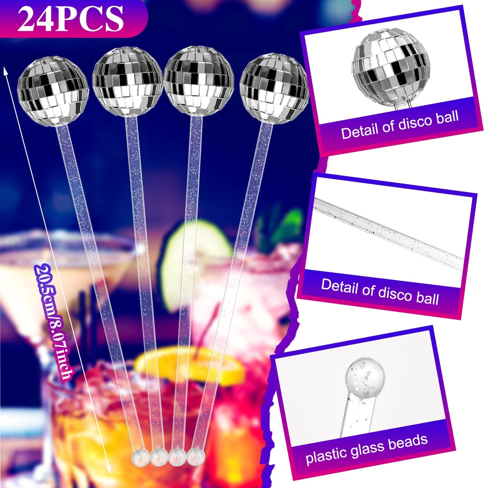 Sawysine 24 Pcs Disco Balls Cocktail Stirrers Plastic Round Top Swizzle Sticks Cake Pops Mirror Ball Coffee Beverage Stirrers for Home Bar Coffee Shop Use (Silver) - Silver thumbnail 3