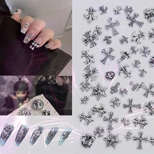 Leeneen 80Pcs Silver Metal Cross Nail Charms for Nails Design,Y2K 3D Chrome Nails Art,Vintage Alloy Cross Heart Skull Acrylic Charm for Women, Halloween Nail Supplies thumbnail 4
