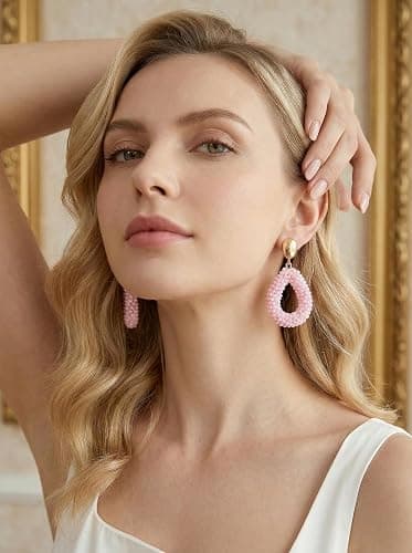 Boho Ohrringe hängend für Damen,Tropfenförmige Reisperlen Leichte Ohrringe Eleganter Hingucker für Frauen Modischer Schmuck thumbnail 2