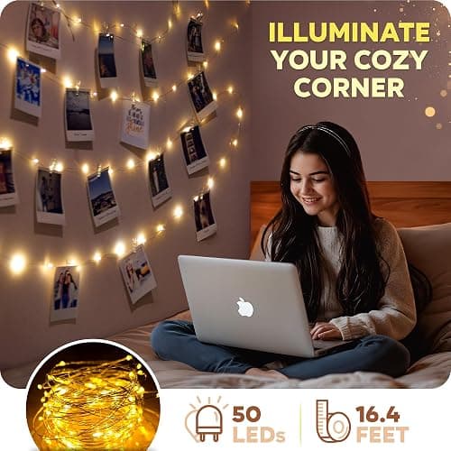 Mind-Glowing Photo Clips String Light - Warm White Fairy Lights with Clips for Hanging Pictures - Teen Girl Room Decor, Trendy Stuff - Birthday Gift for Any Year Old Tween Girls (50 LED, 16.4 ft) thumbnail 2