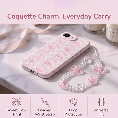 Jzzeuose Phone Case for iPhone 17e/16e with Beaded Wristlet, Pink Bow Floral Cute Soft TPU Protective Case for Women Girls, Anti-Scratch Shockproof Slim Cover thumbnail 8