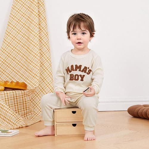 Kupretty Toddler Baby Boy Fall Winter Clothes Embroidery Waffle Knit Sweatshirt Pullover Tops + Casual Pants Outfit Set thumbnail 3