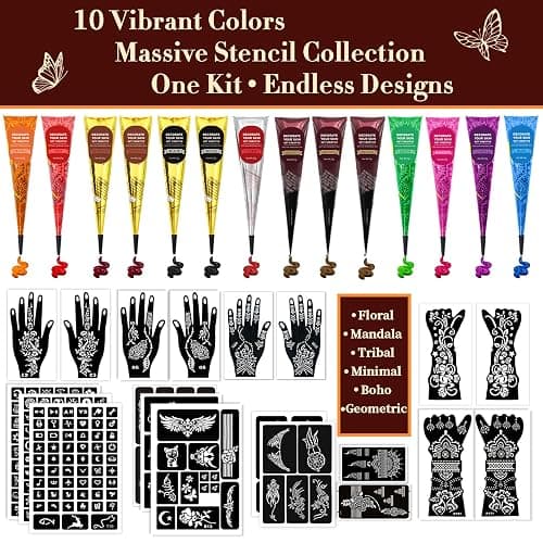 Temporary Tattoo Kit with 20 Sheets Stencils, 14 Ink Colors & Accessories | DIY Body Art Set with Mixing Bottles, Cotton Swabs and Gloves for Festivals, Parties, Makeup and Creative Designs thumbnail 3
