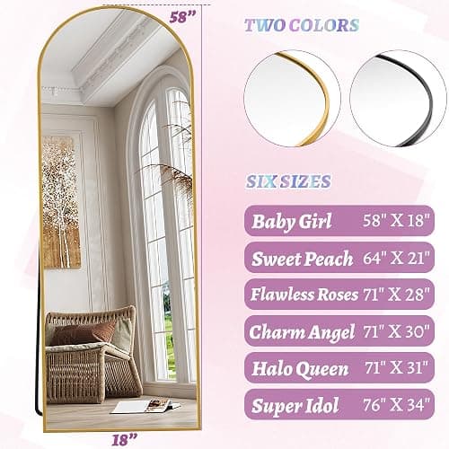 LadyNow Full Length Mirror, 58"x18" Arched Floor Mirror Freestanding, Floor Standing Full Body Mirror with Stand for Bedroom, Hanging Mounted for Living Room Cloakroom, Gold thumbnail 4