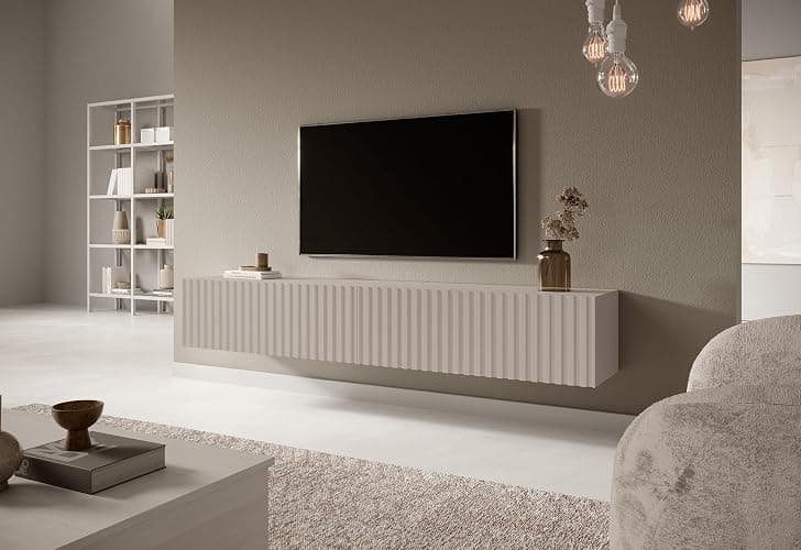 Selsey TV Schrank Board Sideboard Fernsehtisch Fernsehschrank 175 cm Hängend Graubeige Mit Lamellierter Front Telire - 175 - Graubeige thumbnail 4
