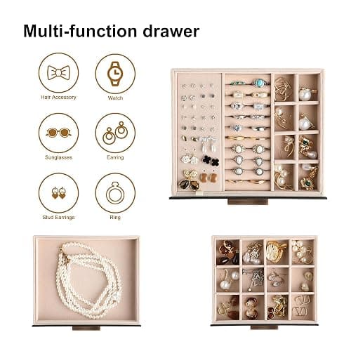 Frebeauty Jewelry Box for Women,Clear Lid Jewelry Organizer with 3 Drawers | Faux Leather,Velvet Lining,3 Layers,Jewelry Storage for Ring Earring Stud,Dustproof Design,Gift Choice,Golden Stylish Handle thumbnail 4
