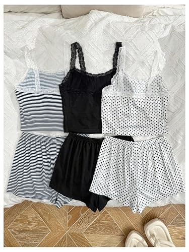 SOLY HUX Women's 6 Piece Pajama Sets Cami Tops and Shorts Sleepwear Set | Lace Pj Sets, Polka Dots Striped Lounge Set thumbnail 2