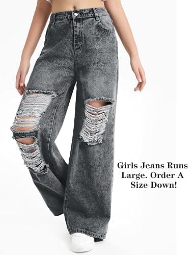 EXARUS Girls Jeans Baggy Pants Wide Leg/Flare/Skinny Teen Ripped Denim Tween Clothes Outfits Preppy Casual Kids 6-14Y thumbnail 2