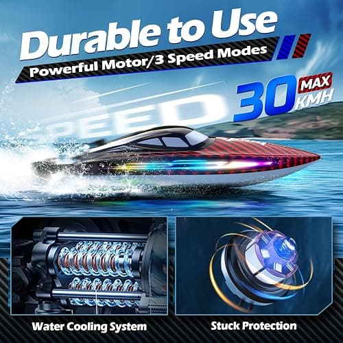 RC Boat 30KMH with 7Light Modes,Remote Control Electric Fast Speed Boat for Adults Kids 8-12 Lake Pool Water Play,Self-righting,Demo,Water Cooling,Full Waterproof,20 Mins,Low Battery Alert,2.4Ghz,Red - Red thumbnail 2