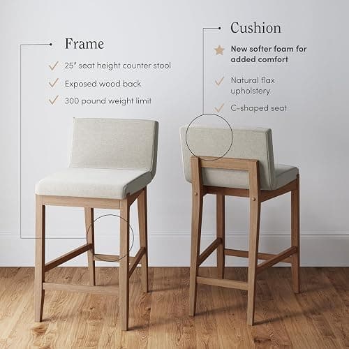 Nathan James Gracie Modern Counter Height Bar Stool with Back, Counter Stool Upholstered Chair with Natural Flax White Fabric and Brushed Wooden Legs, Natural Flax/Brown, Set of 2 thumbnail 4