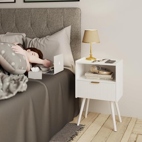 JOONEE White Nightstand,Modern Bedside Table with Storage Drawer and Open Wood Shelf, for Living Room, Bedroom and Small Spaces, Accent Night Stand with Solid Wood Legs, Easy Assembly,Classic White thumbnail 3
