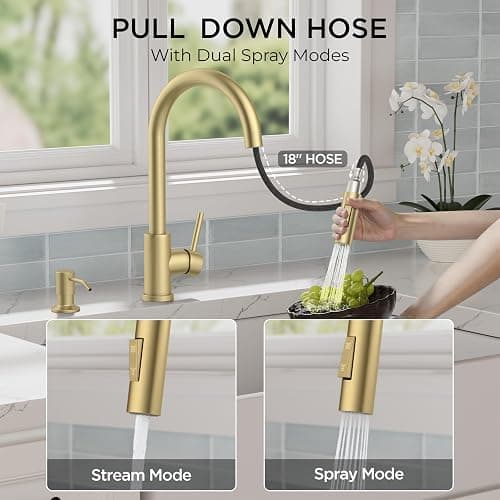 FORIOUS Gold Kitchen Faucet with Pull Down Sprayer, Modern Single Hole Kitchen Sink Faucet with Soap Dispenser, Deck Plate, Single Handle, High Arc Stainless Steel for RV Bar Farmhouse Laundry thumbnail 3