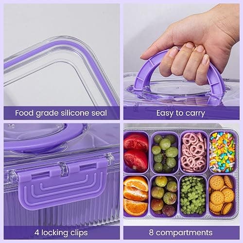 FEIOOD Patent Design Ribbed Snackle Box Container Divided Serving Tray with Lid and Handle -Charcuterie Container Portable Storage Organizer for Candy, Fruit, Beach, Picnics（1 pcs, Purple thumbnail 4