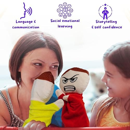 4E's Novelty Feeling Hand Puppets for Kids with 6 Emotions, with Moveable Arms, Soft Plush Hand Puppets for Toddlers, Early Education Toys, Social Emotional Learning Activities - Pack of 6 thumbnail 4