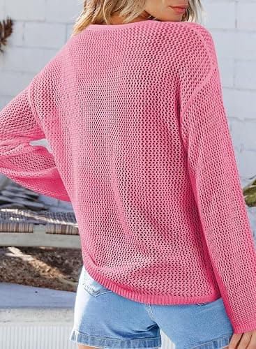 Dokotoo Womens Fashion 2026 Summer Crochet Hollow Out Long Sleeve Sweaters Casual Crewneck Pullover Shirt Beach Coverup thumbnail 2