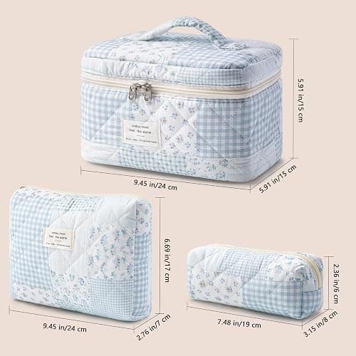 HBselect Quilted Makeup Bag, 3Pcs Cotton Large Travel Makeup Bags Organizer | Cute Floral Make up Bag Cosmetic Bag Toiletry Bag for Women Girls, Makeup Pouch for Skincare, Brushes & Travel Essentials thumbnail 5