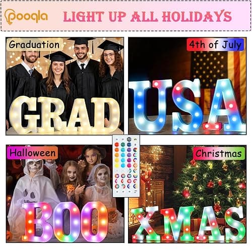 Pooqla Colorful Light Up Letters with Remote, Upgraded 35 Colors LED Marquee Letters, RGB Lighted Letter for Girls Teenager Gift, Birthday, Party, Wedding, Night Light, Room, Bedroom Decor, Letter E thumbnail 6