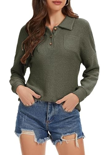 Balivsa Womens Tops Waffle Knit V-Neck Long Sleeve T-shirts Button Down with Pockets Tunic Fashion Clothing thumbnail 5