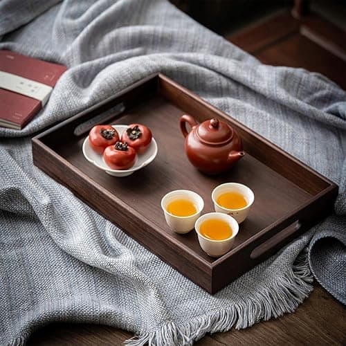 Plateau de service en bois, 37x26x5cm, plateau rectangulaire en bois avec poignées - Plateau de cuisine - Plateau de service - Plateau pour petit-déjeuner, thé, table basse thumbnail 4