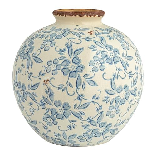 Creative Co-Op DF2720 8" H Terracotta Floral Transferware Pattern & Crackle Finish Vase, Blue thumbnail 5