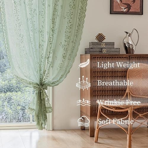 Sage Green Lace Curtains 84 Inches Long Victorian Floral Semi Sheer Curtains for Living Room Bedroom Decor Drapes Rod Pocket Light Filtering Vintage Window Curtains 2 Panels Set for Dining Room, 55x84 thumbnail 5