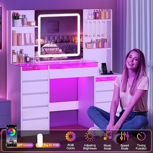 BEWISHOME 49.2" Vanity with Mirror and RGB Lights,Full-View Glass Desktop | White Makeup Vanity Table with 10 RGB Drawers,4 Shelves 5 Hooks and Power Outlet,Dressing Table for Girls Women Bedroom thumbnail 6