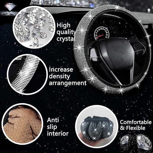 NBTEPEM 27 PCs Bling Car Accessories Set for Women, Steering Wheel Covers Universal Fit 15 Inch, Bling License Plate Frame, Bling Phone Holder, Bling Car Coasters (Silver Diamond) thumbnail 3