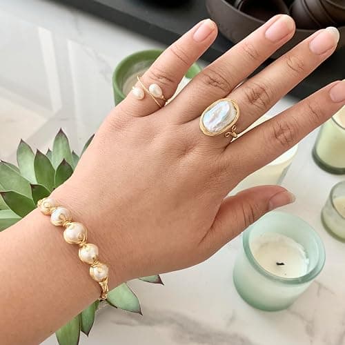 Andaxe Handcrafted Baroque Pearl Ring Winding Design Opening Adjustable 14k Gold Plated Material,White thumbnail 7