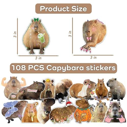 Capybara Stickers, 108 PCS Funny Vinyl Waterproof, Meme Animals Holographic Decals Stickers for Laptop, Water Bottles, Capy Birthday Decorations, Gifts for Capybara Lover thumbnail 3