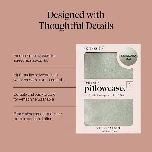 Kitsch Satin Pillowcase with Zipper for Hair & Skin - Softer Than Silk Pillow Cases, Smooth Cooling Satin Pillow Case, Wrinkle-Free, Machine Washable - Pillow Cases Standard Size (19x26) - Sage thumbnail 4