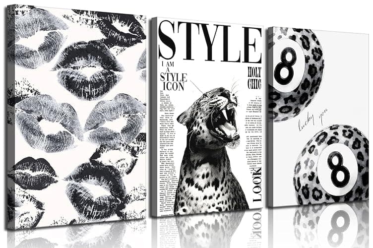 3Pcs Trendy Black and White Leopard Canvas Wall Art Fashion Lucky 8 Ball Lips Pictures Wall Decor Vintage Newspaper Cheetah Posters Prints for Bedroom Apartment Dorm 12x16in - Image 1