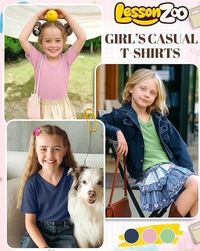 LessonZoo 3 Pcs Girls' V-Neck Loose Fit T-Shirts | Kids Short Sleeve Tees, Teens Cute Tops, 5-14 Years Girls, Solid Color, Soft Fabric, Flat Hem, Summer, Casual, School, Outing thumbnail 2