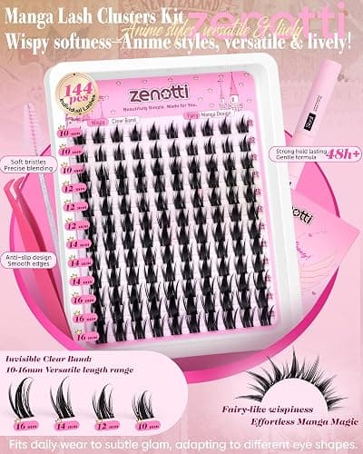 Manga Lash Clusters Kit Anime Lashes Cluster Kit Natural Wispy Eyelash Clusters Kit Spiky Fairy Individual Lashes Cluster with Spikes Invisible Clear Band DIY at Home 10-16MM by zenotti thumbnail 4