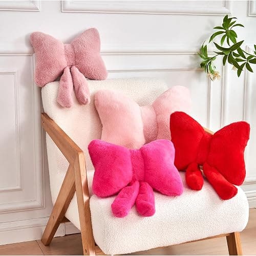 XVTRU Pink Bow Pillow, Soft Bow Decorative Pillows with Faux Rabbit Fur, Cute 12" Bow Throw Pillows, Aesthetic Home Decor Bow Shaped Plush Pillow for Bedroom Sofa Couch thumbnail 4