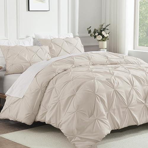 Andency Beige Comforters Queen Size, 3 Pieces Cream Bedding Set & Collections for Women Men, All Season Soft Fluffy Lightweight Pinch Pleat Bed Comforter Set (90x90Inch) thumbnail 5