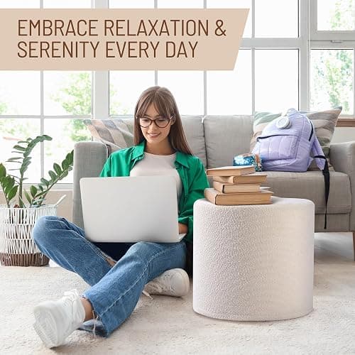KKdema White Round Ottoman Foot Rest Stool – Clean Boucle Fabric Footstool with Soft Foam Filling, Lightweight Modern Pouf for Minimalist Living Room, Bedroom, Office – Pure White thumbnail 3