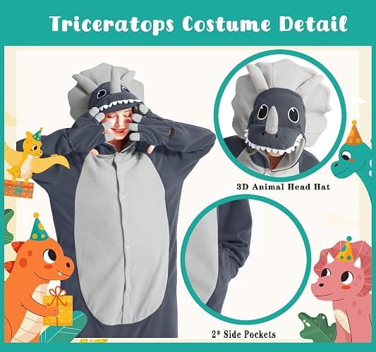 Loiahoer Unisexe Triceratops Onesie Costume Déguisement Dinosaure Combinaison Pyjama,Animaux Carnaval Cosplay Costume de Halloween pour Femmes Hommes thumbnail 5