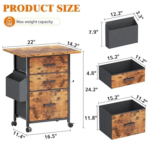 Mexin 3 Drawer File Cabinet with 24'' Extended Desktop, Mobile Filing Cabinet, Printer Stand, Rolling Printer Stand with Side Bag, Fabric Drawer, Fits A4 Size, Home Office,Rustic Brown thumbnail 3